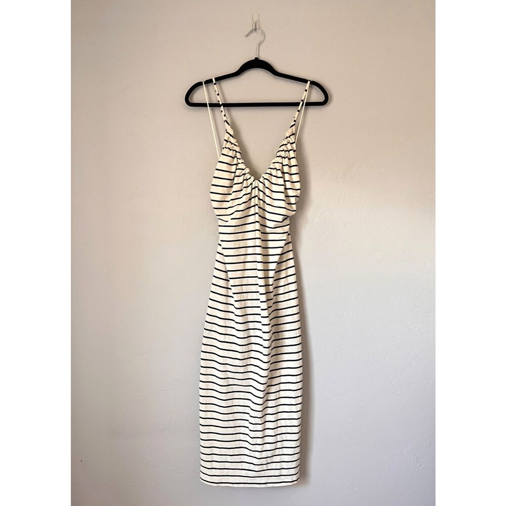 Zara Stripe Ruched Cross Back Midi Dress in Ivory/Black Size MEDIUM